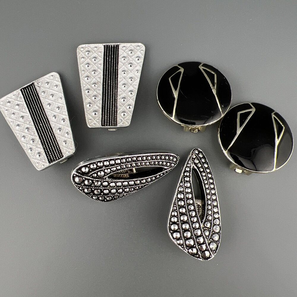 Vintage Clip On Earrings Lot Silver Tone Cut Steel West Germany Art Deco Retro
